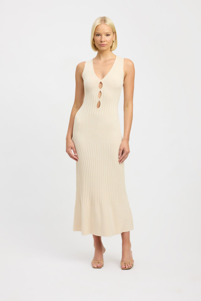 front Serah Keyhole Dress Kookai Straight Midi Fitted Sweetheart white womens-dresses