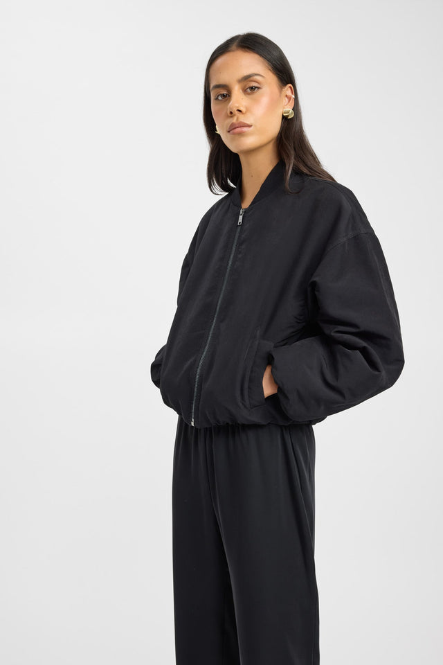 side Kora Bomber Jacket Kookai Long sleeve cropped brown womens-coats-and-jackets