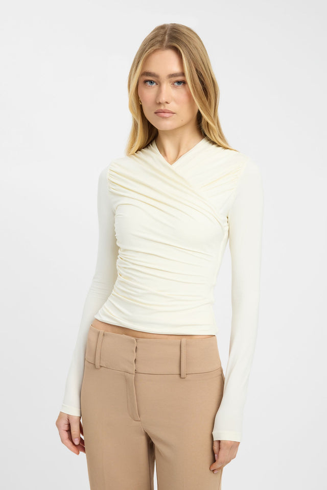 Alexi Long Sleeve Top womens-blouse in ivory with fitted v-neck and full straight sleeves side