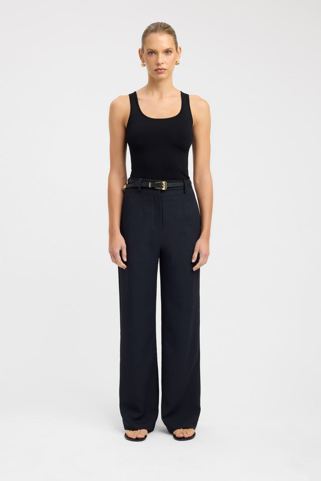 Displaying the Ariel Straight Leg Pant in womens regular pants with wide-leg high-rise black on-body