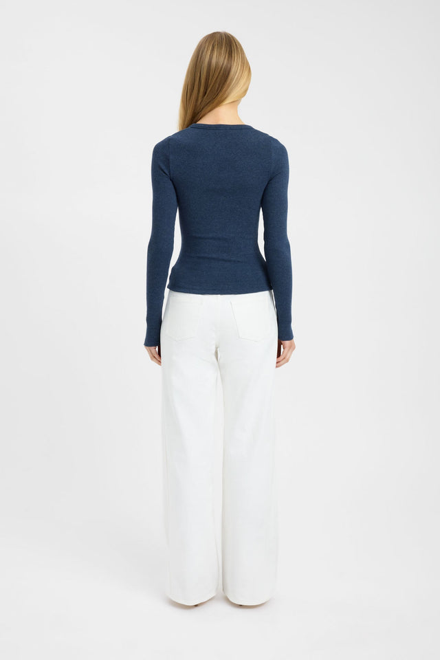 Highlighting the Bec Button Long Sleeve Top in womens-blouse with fitted cut, teal shade, and full straight sleeves back
