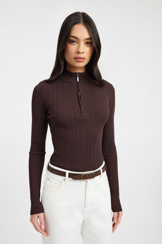 Featuring the Bristol Zip Top womens blouse in saddle brown with fitted high-neck full sleeves front