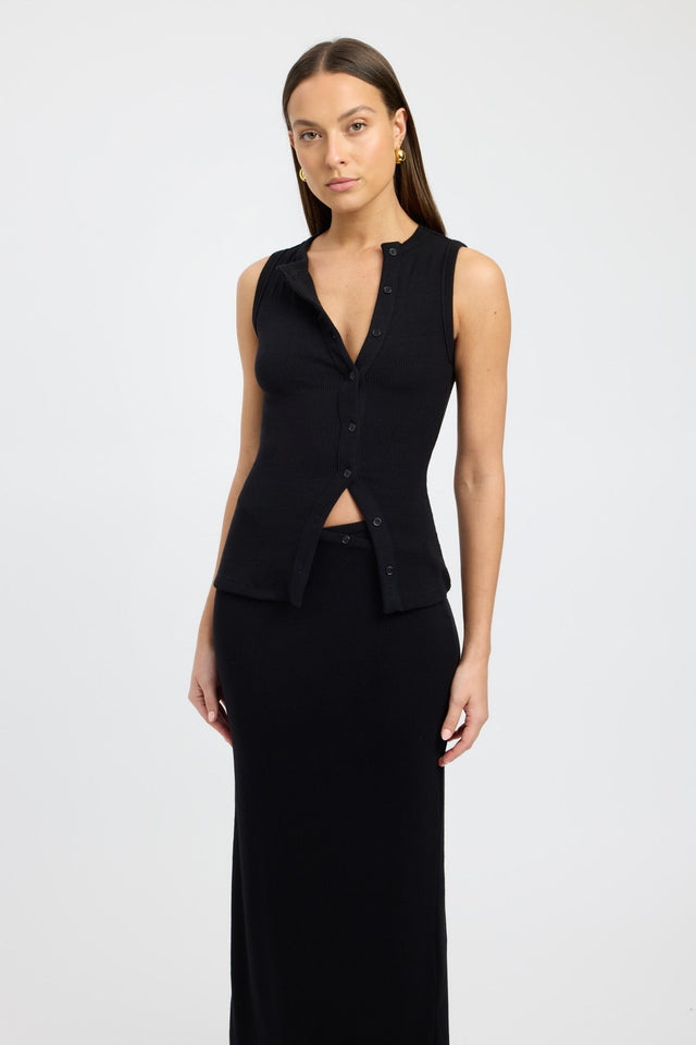 front Bec Button Tank Kookai Fitted Round black womens-singlets 