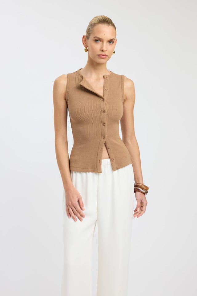 front Bec Button Tank Kookai Fitted Highneck Sleeveless Womens-Blouse 