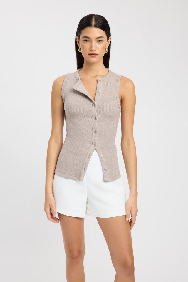 front Bec Button Tank Kookai Fitted Round brown womens-singlets 