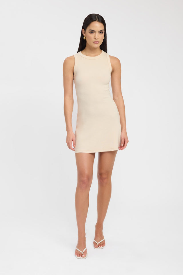 side Henny Tank Dress Kookai Bodycon Mini Fitted Roundneck beige womens-dresses 