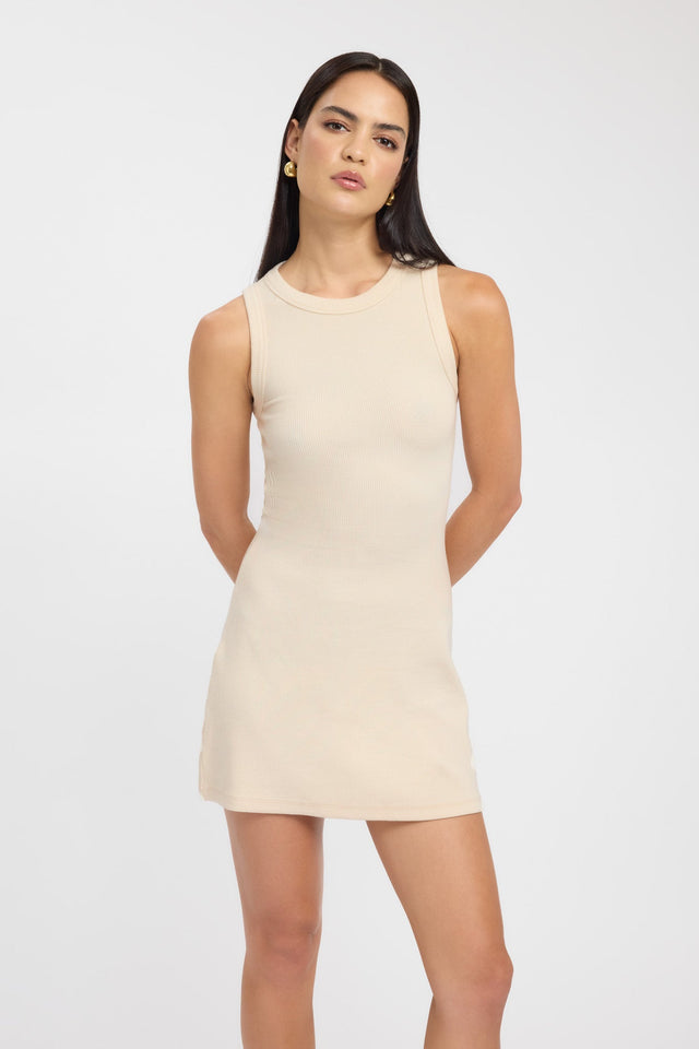 front Henny Tank Dress Kookai Bodycon Mini Fitted Roundneck beige womens-dresses 