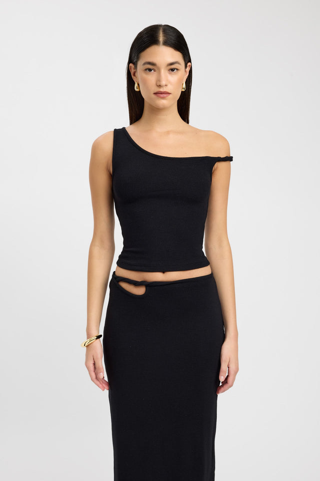 front Finn Top Kookai Fitted Thick strap Asymmetry black womens-singlets 