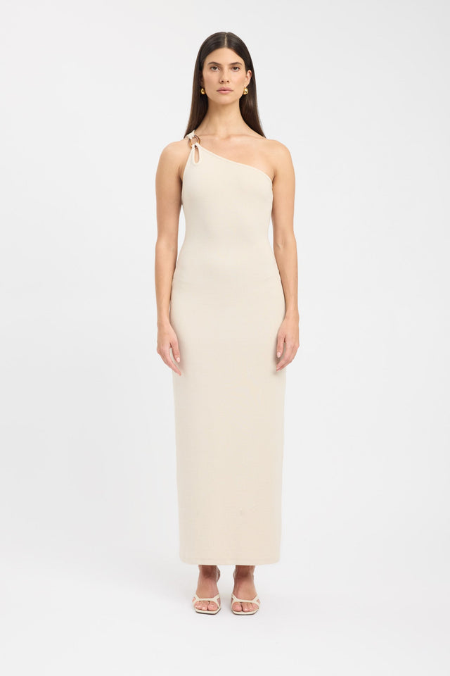 front Tawney Dress Kookai Straight Maxi Fitted Asymmetry beige womens-dresses 
