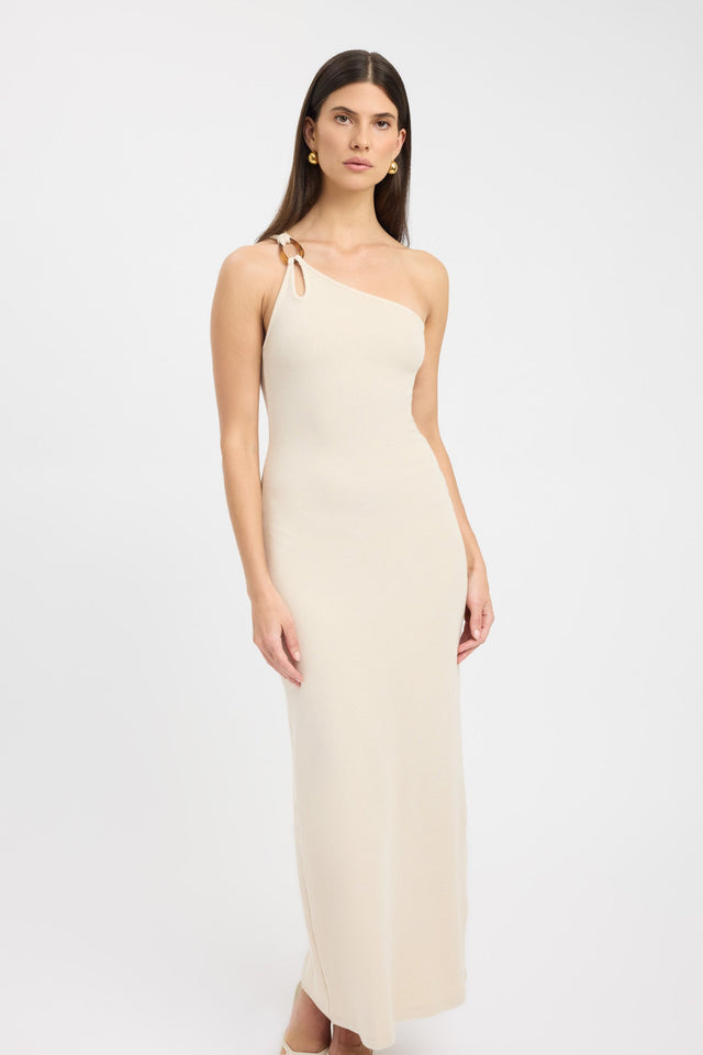 side Tawney Dress Kookai Straight Maxi Fitted Asymmetry beige womens-dresses 