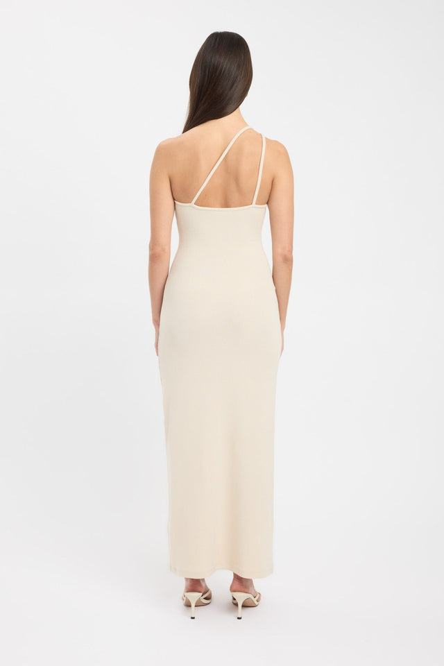 back Tawney Dress Kookai Straight Maxi Fitted Asymmetry beige womens-dresses 