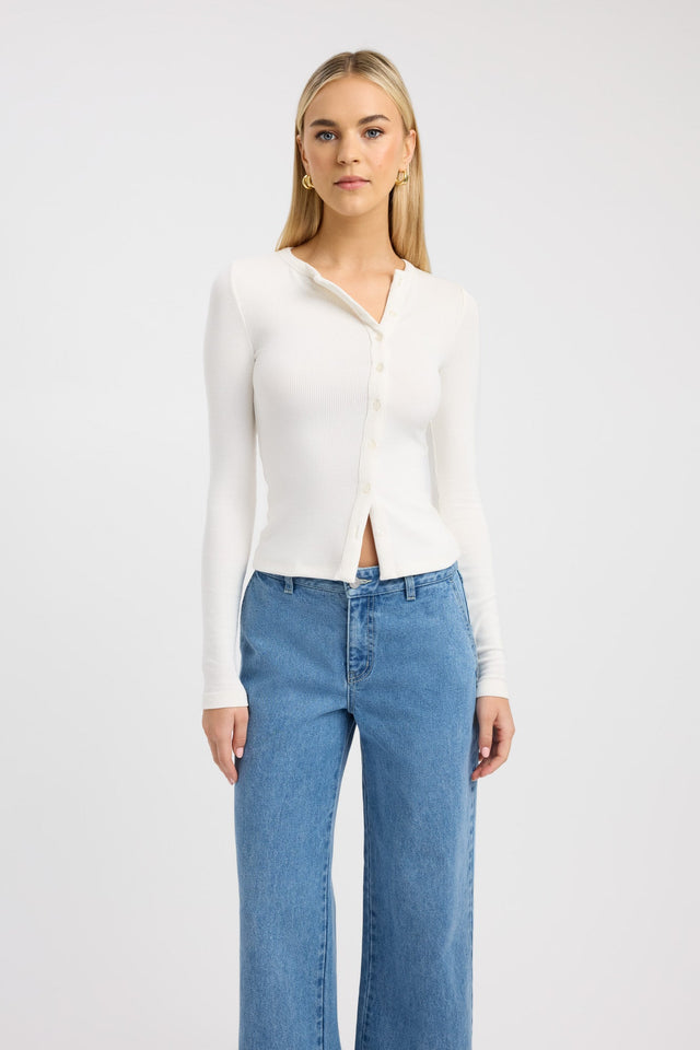 Bec Button Long Sleeve Top Kookai Fitted Roundneck Long sleeve Womens-Blouse 