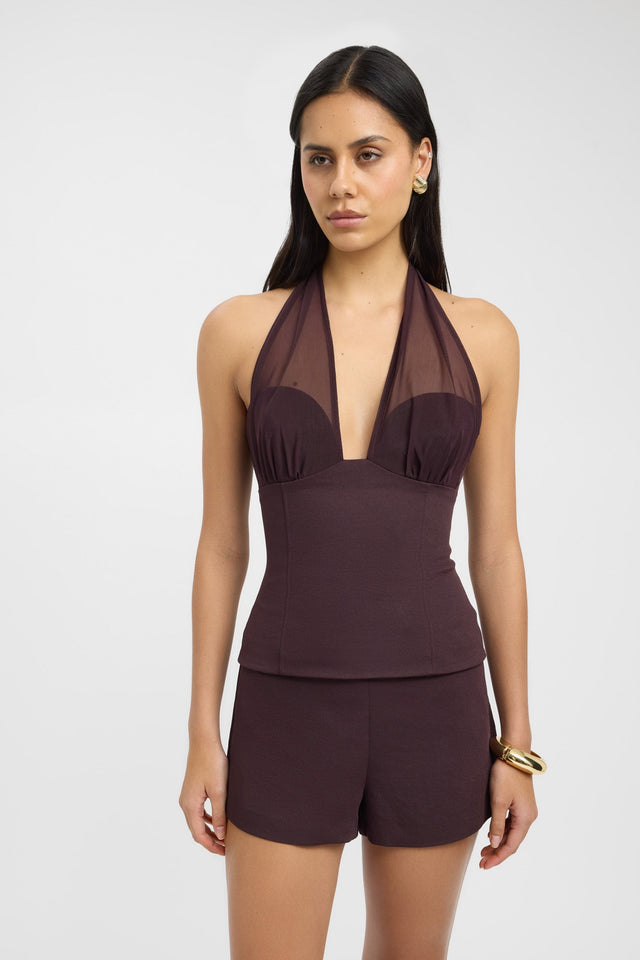 front Oyster Mesh Top Kookai Fitted Plungeneck Sleeveless Womens-Blouse 