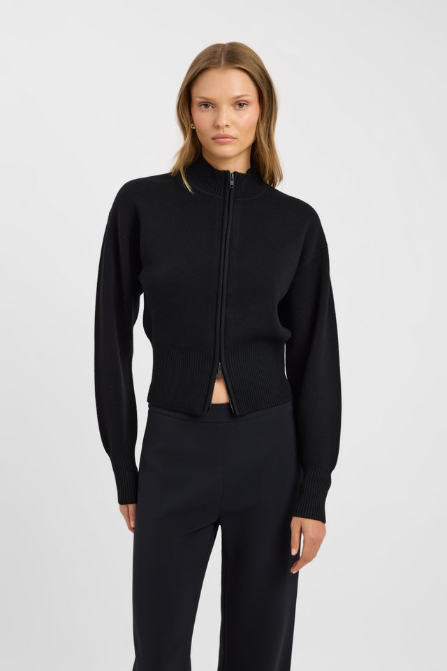 Featuring the Dalton Zip Cardigan womens-jumpers with high-neck, fitted design in black detail