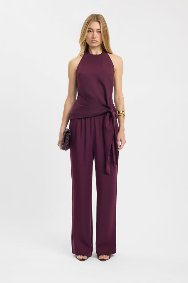Introducing the Maria Halter Wrap Top womens-blouse in maroon with fitted high-neck sleeveless design front