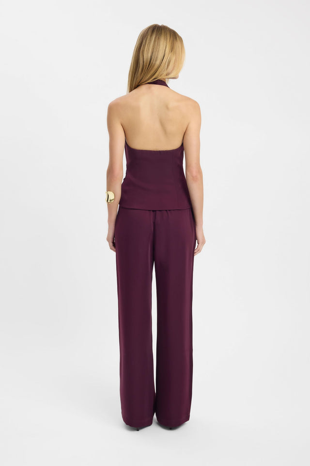 Featuring the Maria Halter Wrap Top womens-blouse in maroon with fitted high-neck sleeveless design back