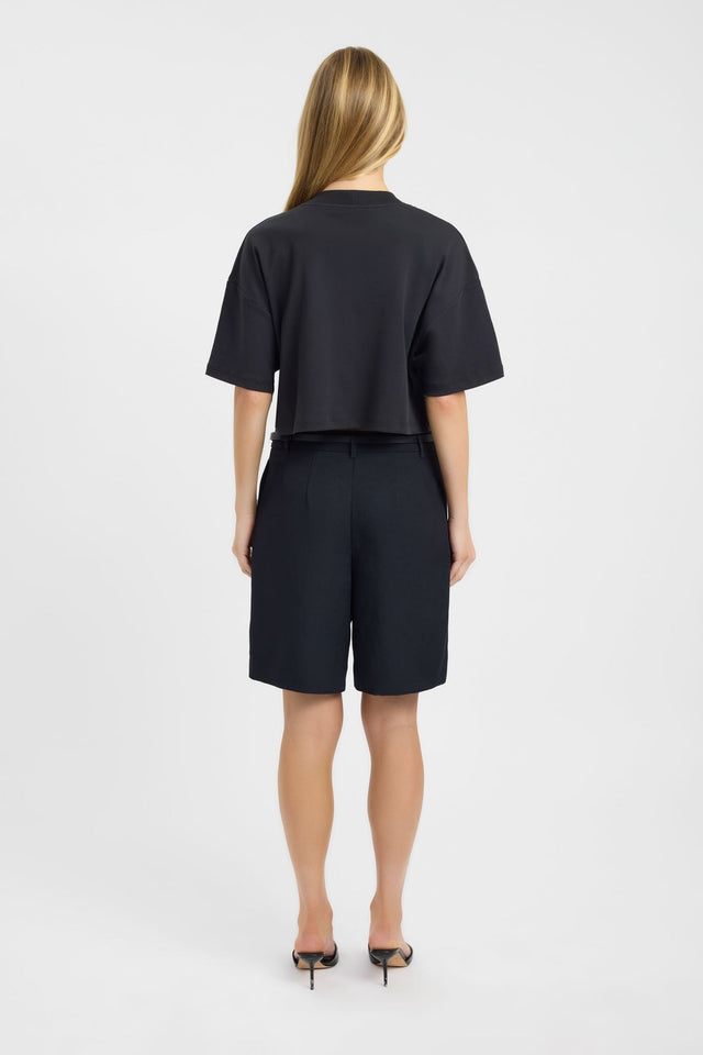 Styled with the Halo Cropped Tee womens blouse in black with oversized fit, round neckline and short sleeves side