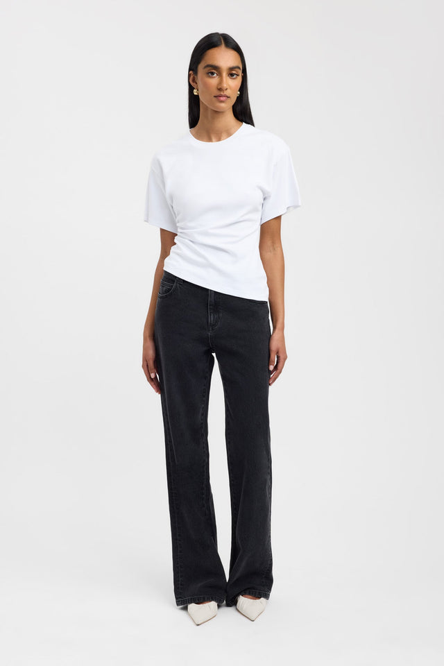 Explore the Nova Tee womens-blouse in white with fitted round neckline and short sleeves on-body