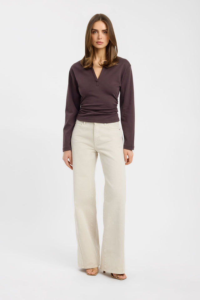 Discover the Vesper Long Sleeve Top womens-blouse in saddlebrown with fitted v-neck full sleeves detail
