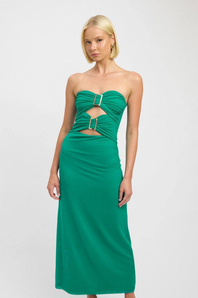 product Bolt Buckle Dress Kookai Straight Maxi Fitted Sweetheart deep green womens-dresses 