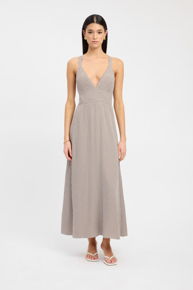 front Brady Vee Dress Kookai Aline Maxi Relaxed Plungeneck brown womens-dresses 