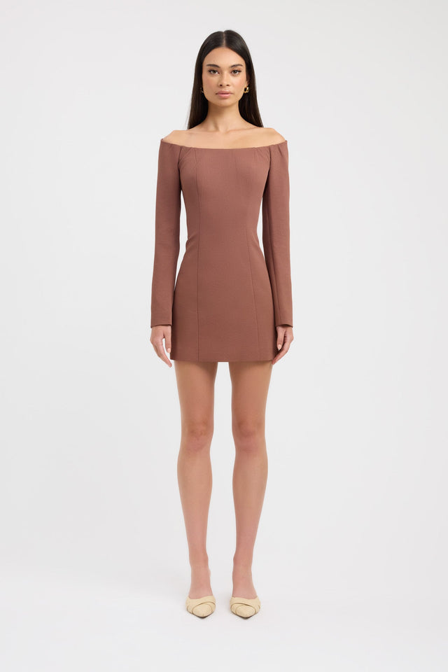 front Oyster Long Sleeve Mini Dress Kookai Bodycon Mini Fitted Straight beige womens-dresses 