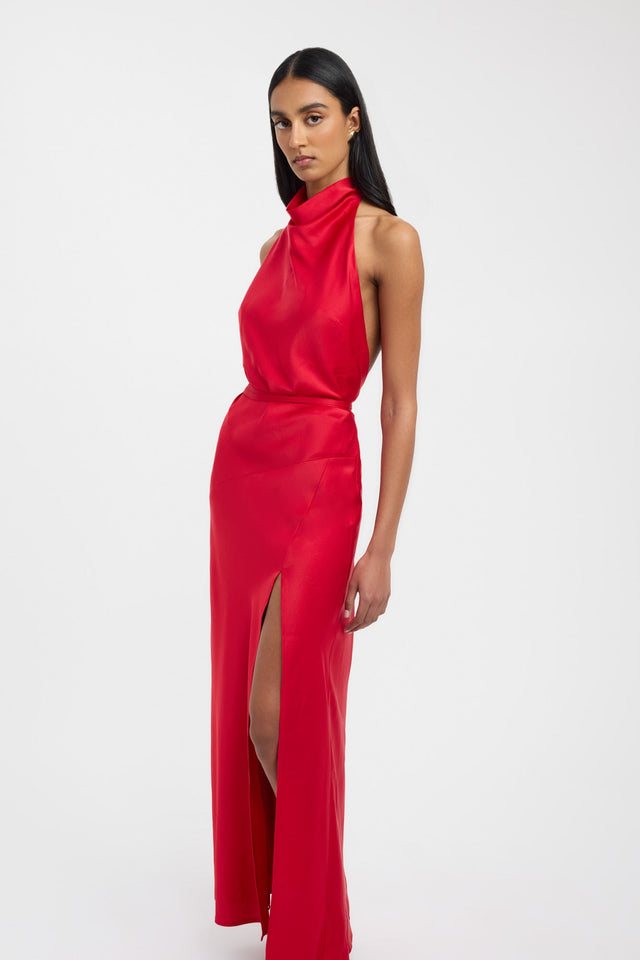 side Palermo Halter Maxi Dress Kookai Straight Maxi Fitted Cowlneck brown womens-dresses 