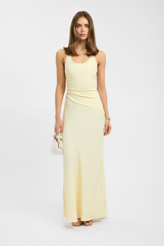 Showcasing the Maria Halter Maxi Dress in womens-dresses with straight shape fitted scoop neckline and lemonchiffon colour front