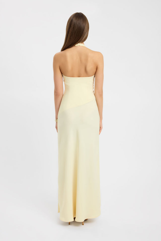 Designed with the Maria Halter Maxi Dress in womens-dresses with straight shape fitted scoop neckline and lemonchiffon colour back