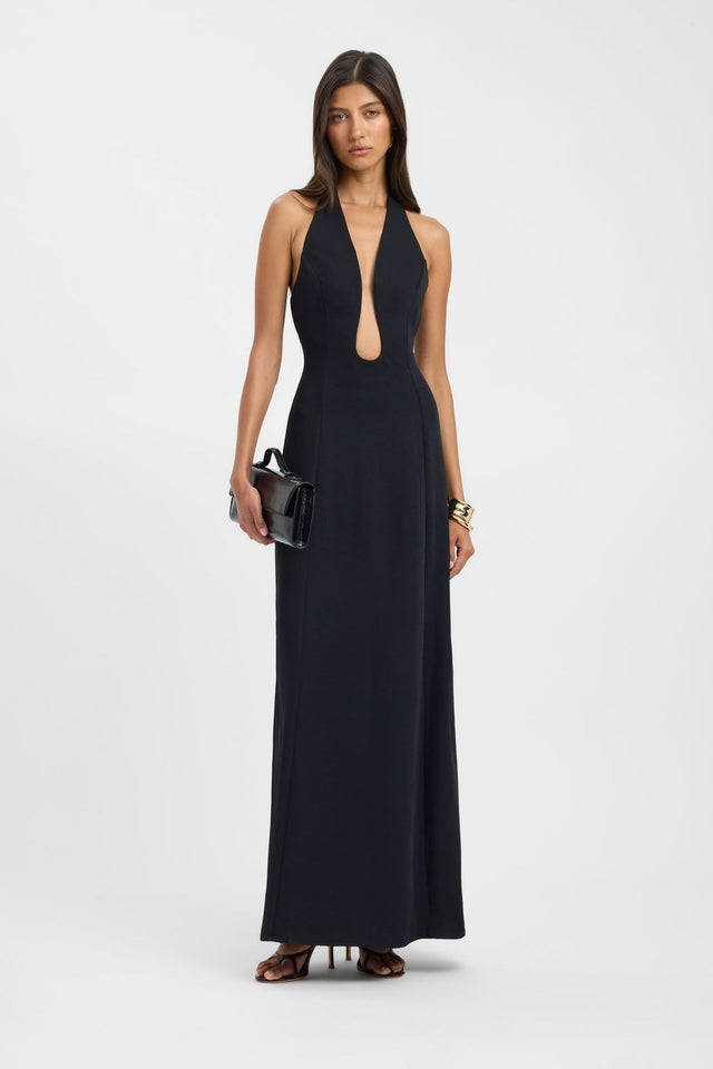 Showcasing the Oyster Low Cut Maxi Dress in womens-dresses with straight shape, fitted silhouette, and plunge neckline in black front