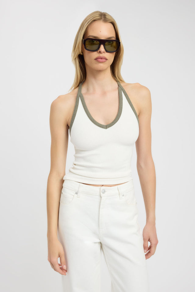 front Sky Contrast Tank Kookai Fitted V-neck womens-singlets 