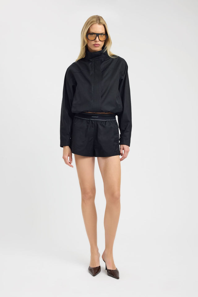 Crafted from Spencer Branded Elastic Short womens-shorts with mid-rise relaxed fit in black on-body