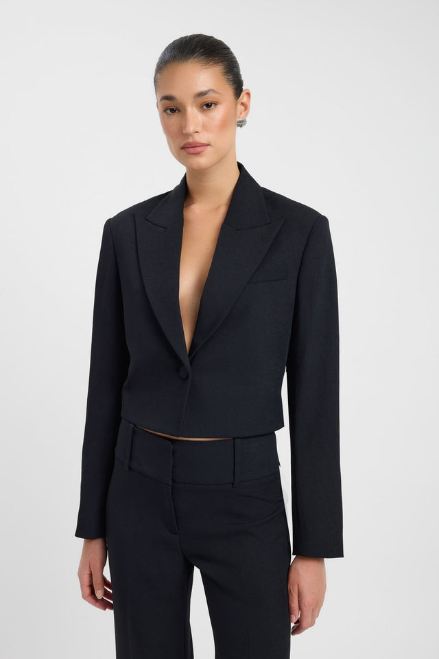 Presenting the Ariel Cropped Blazer in womens coats and jackets with full sleeves and short length in black detail