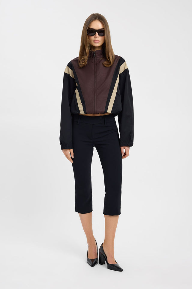 Designed with the Spencer Contrast Spray Jacket in womens coats and jackets featuring full sleeves, bomber style, short length, and brown, black, and beige colourway on-body