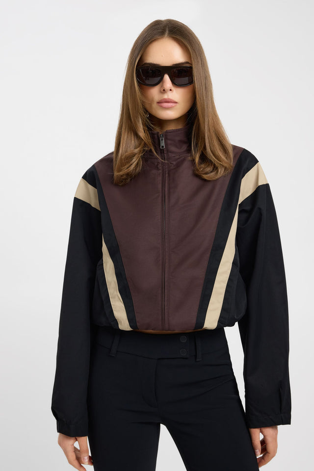Featuring the Spencer Contrast Spray Jacket in womens coats and jackets with full sleeves, bomber style, short length, and brown, black, and beige colours detail