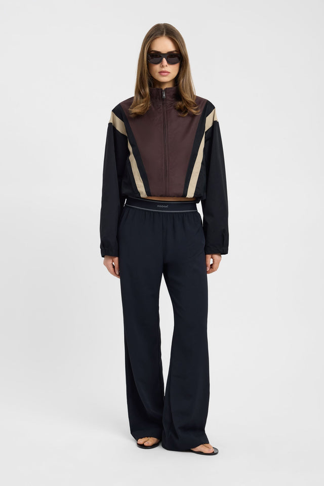Showcasing the Spencer Contrast Spray Jacket in womens coats and jackets with full sleeves, bomber style, short length, and brown, black, and beige tones front