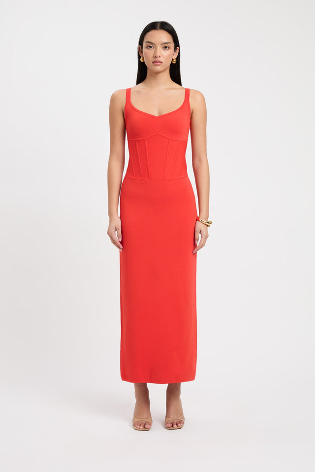 product April Corset Dress Kookai Straight Midi Fitted Sweetheart red womens-dresses 