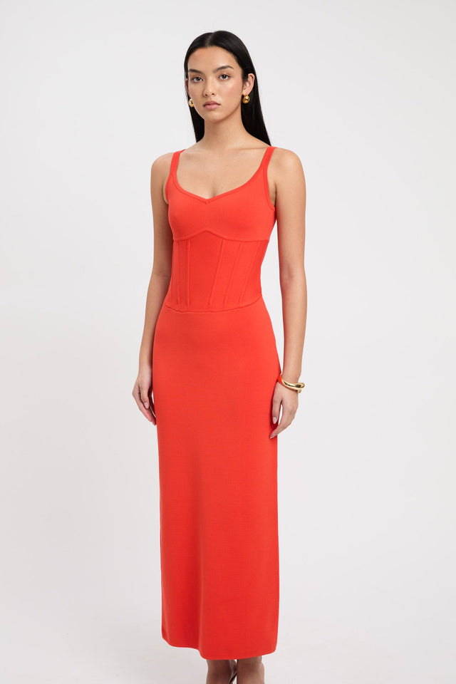 product April Corset Dress Kookai Straight Midi Fitted Sweetheart red womens-dresses 