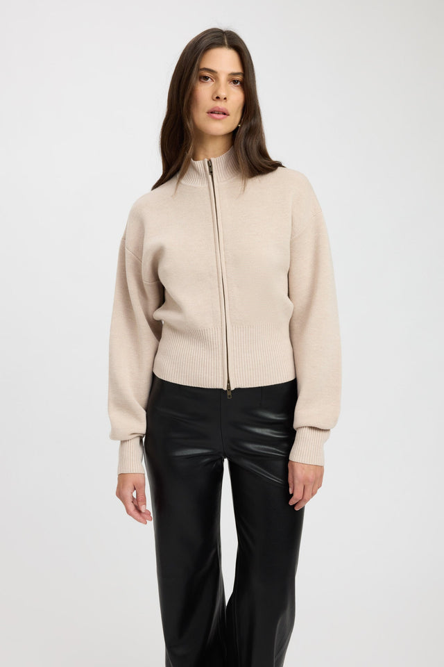 front Dalton Zip Cardigan Kookai High neck Relaxed beige womens-jumpers 