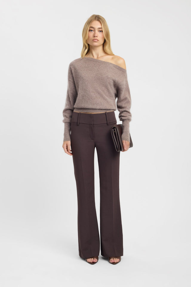 Showcasing the Geneva One Shoulder Jumper womens-blouse with relaxed fit and asymmetry neckline in rosy brown featuring full sleeves on-body