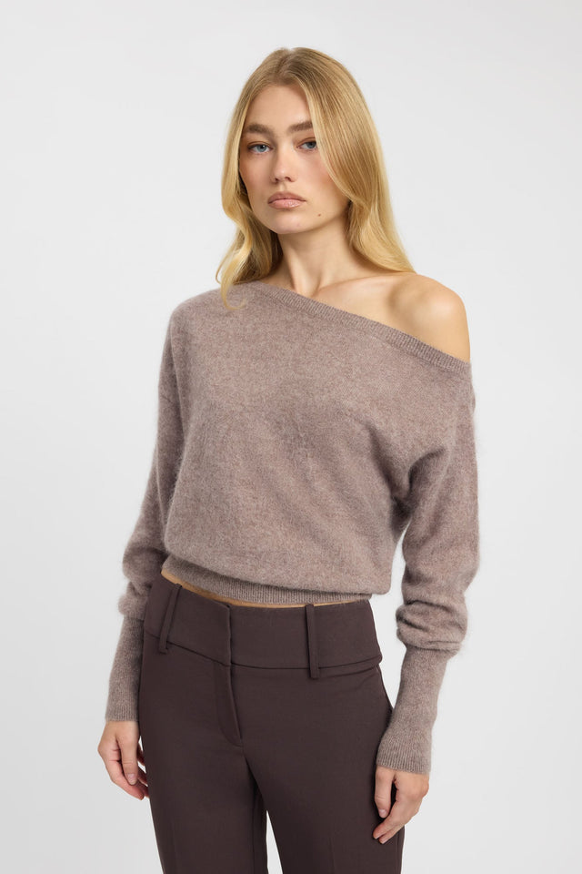 Featuring the Geneva One Shoulder Jumper womens-blouse in rosy brown with relaxed fit and asymmetry neckline front