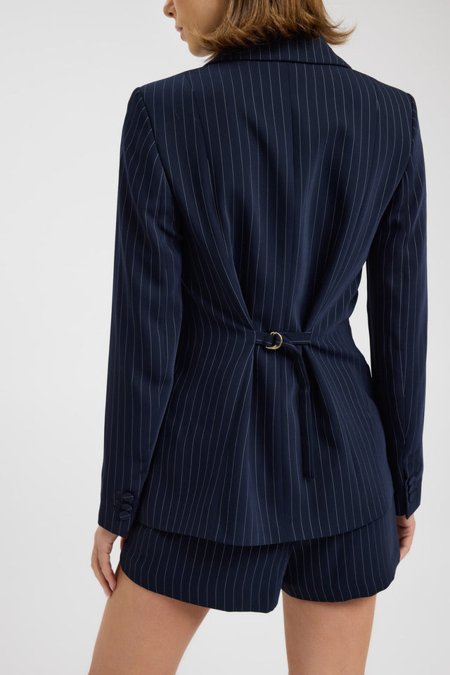 Highlighting the Oslo Cinched Blazer in women's coats and jackets with full sleeves in navy and white detail