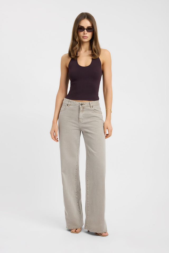 Showcasing the Mateo Wide Leg Jean in womens regular pants with wide-leg high-rise beige front