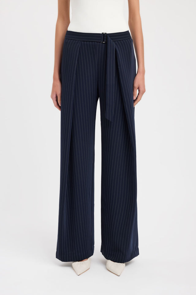 Highlighting the Oslo D Ring Pant womens regular pants in wide-leg high-rise cut with navy and white striped pattern and belt detail