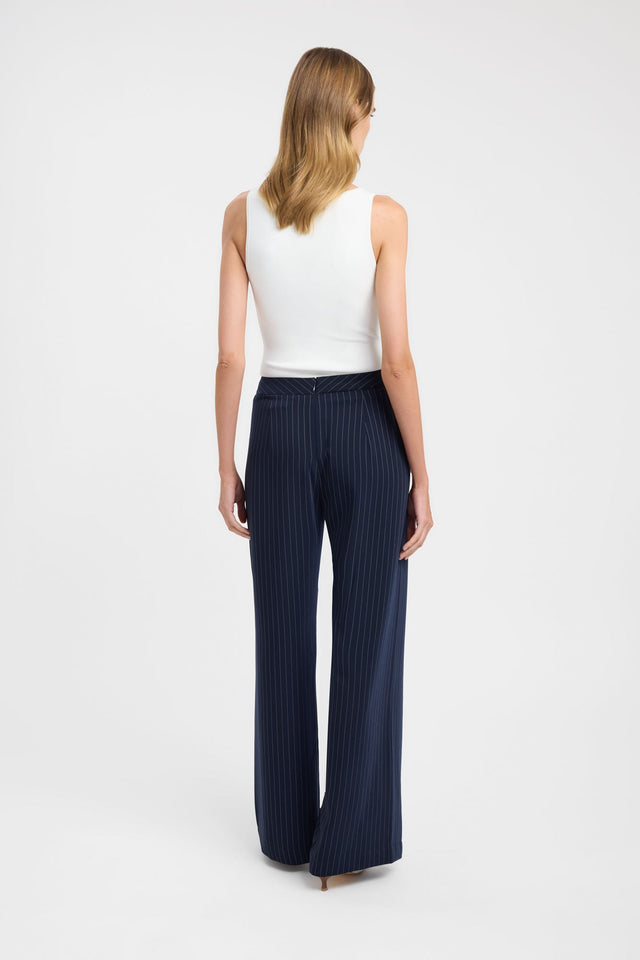 Presenting the Oslo D Ring Pant womens regular pants featuring wide-leg high-rise tailoring in navy and white striped fabric with belt product