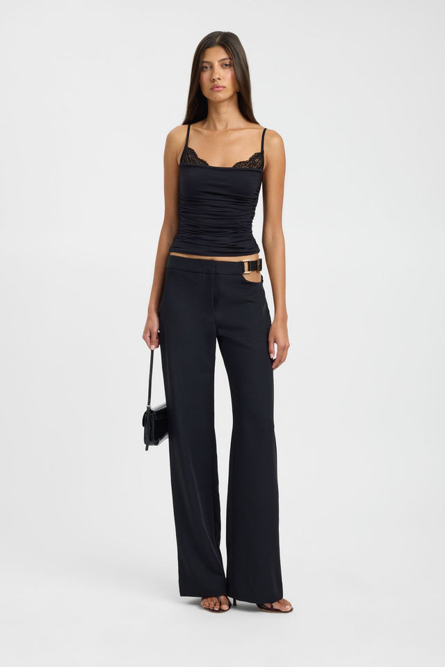 Showcasing Ariel Leather Trim Pant in womens regular pants with wide-leg high-rise in black front