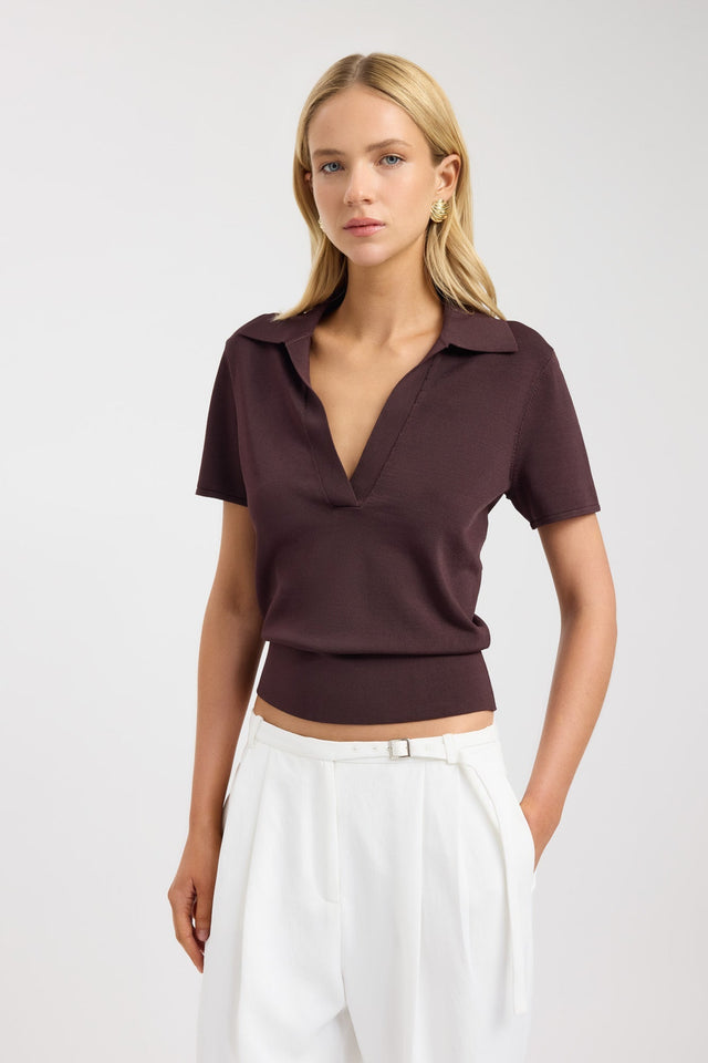 side Mayfair Polo Top Kookai Fitted V-neck Short sleeves Womens-Blouse 