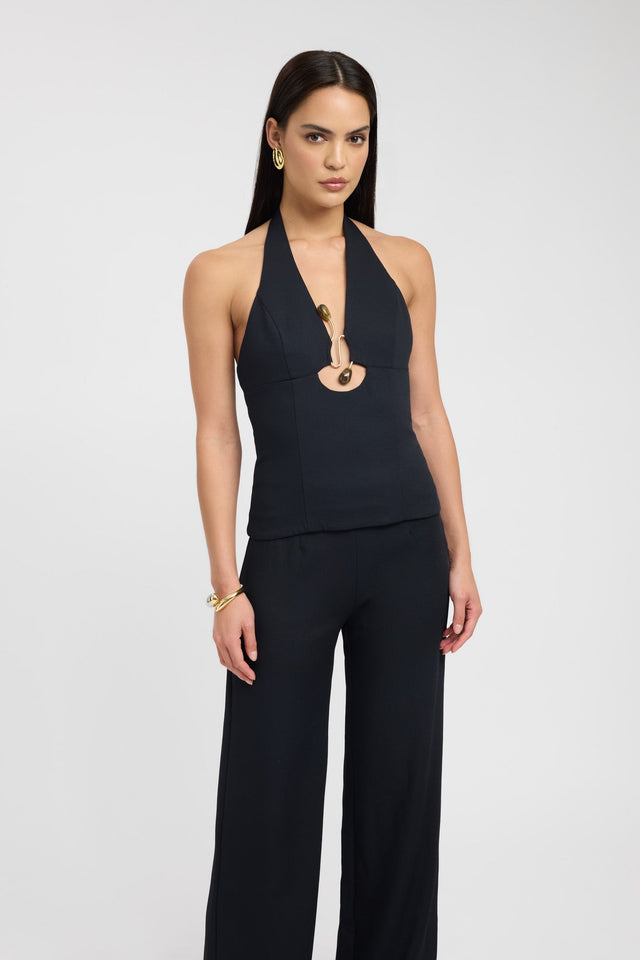 front Oyster Trim Halter Top Kookai Fitted Highneck Sleeveless Womens-Blouse 