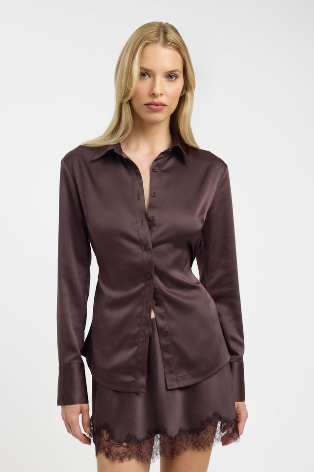 Featuring the Palermo Cinch Shirt womens-blouse in rosy brown with fitted design and straight neckline detail