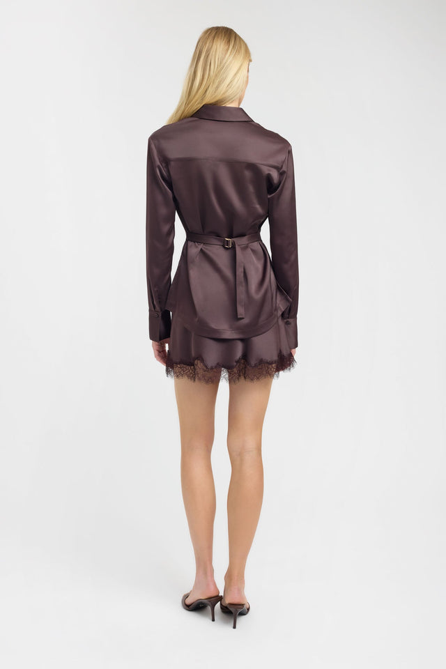Crafted in rosy brown, the Palermo Cinch Shirt womens-blouse with fitted silhouette and straight neckline back